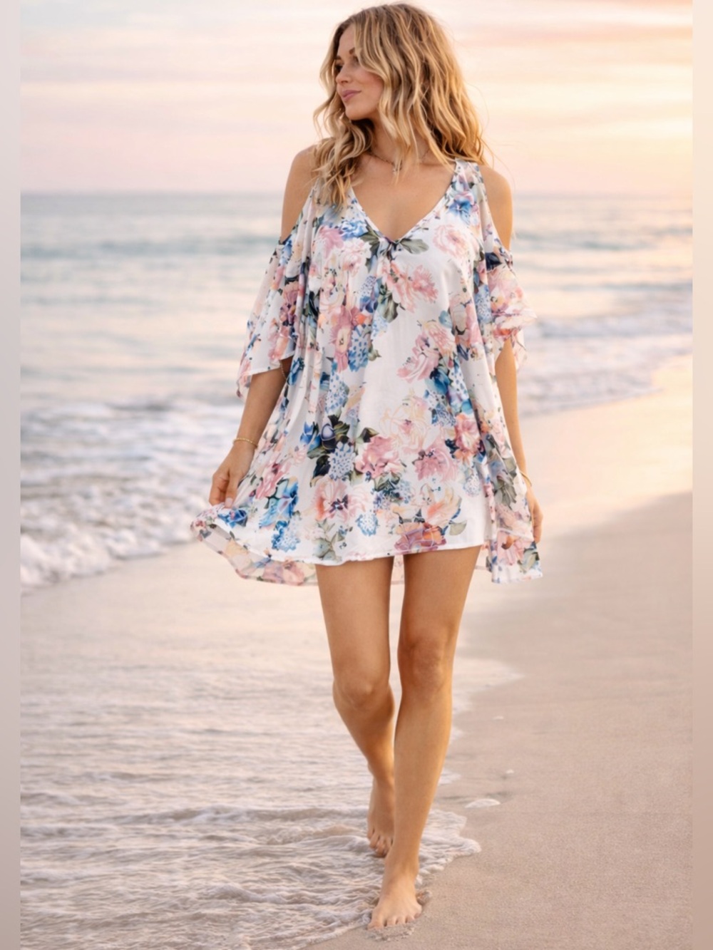 Show Me Your Mumu Peta Boo Tunic Sweet Floral Beach Coverup Cold Shoulder Top M